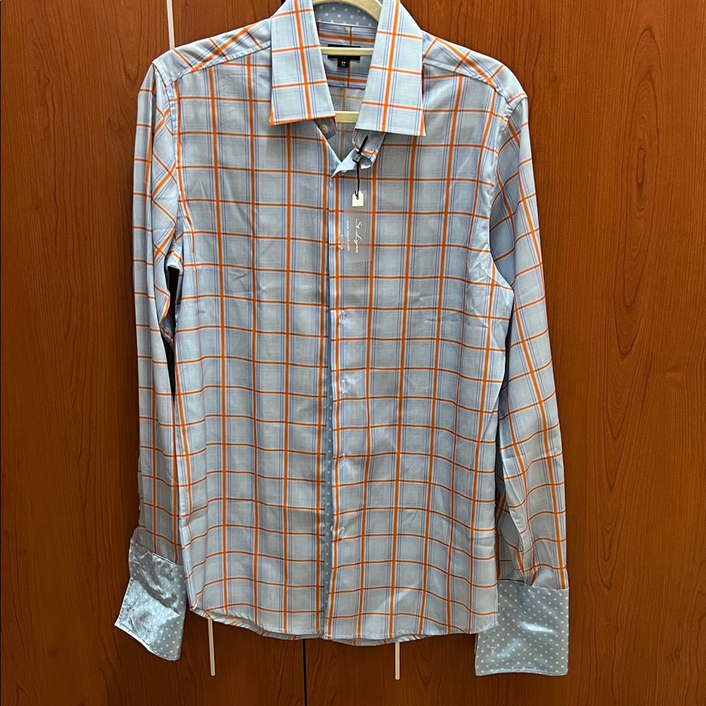 Men's Checkered Button-Down Shirt in Orange and Blue